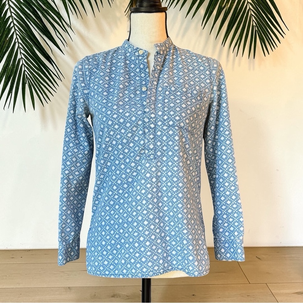 Madewell Blue Geometric Print Popover Top XS 100% Cotton Band Collar Shirt